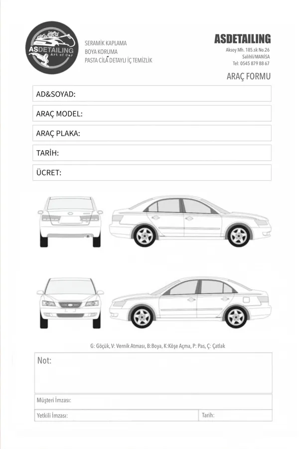 AS Detailing vehicle form: customer and vehicle details, a drawing of the car from four angles, damage codes and signature fields
