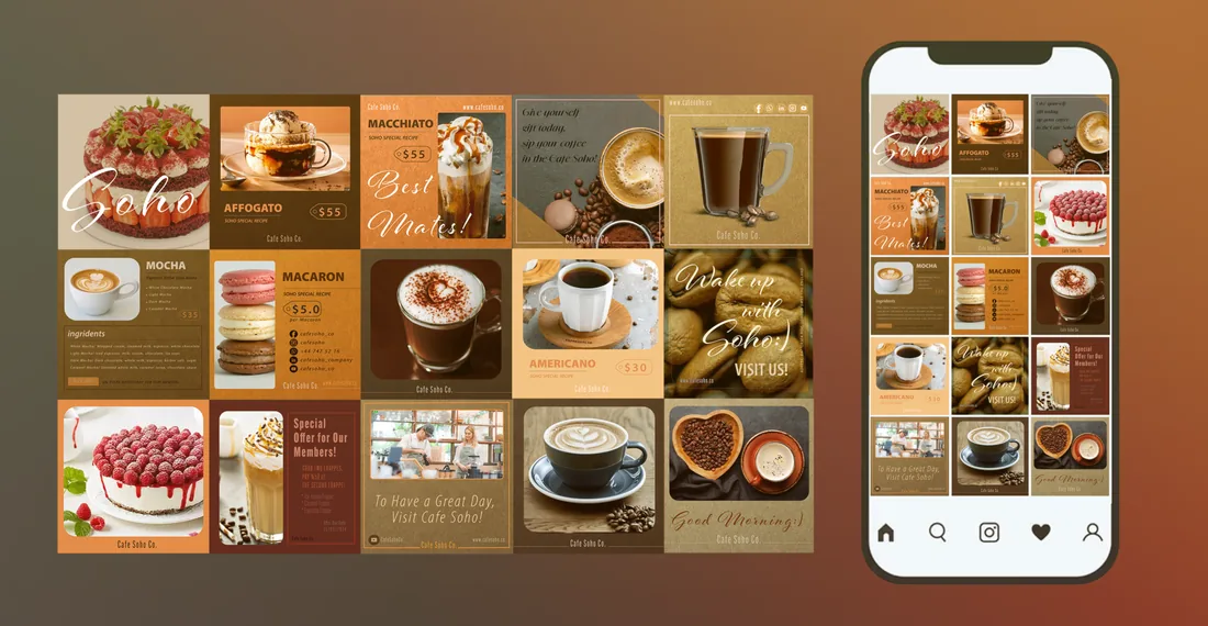 A grid of fifteen Cafe Soho Co. posts and the Instagram profile on a phone
