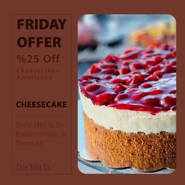 The Friday Offer headline and a raspberry cheesecake on a cherry brown background