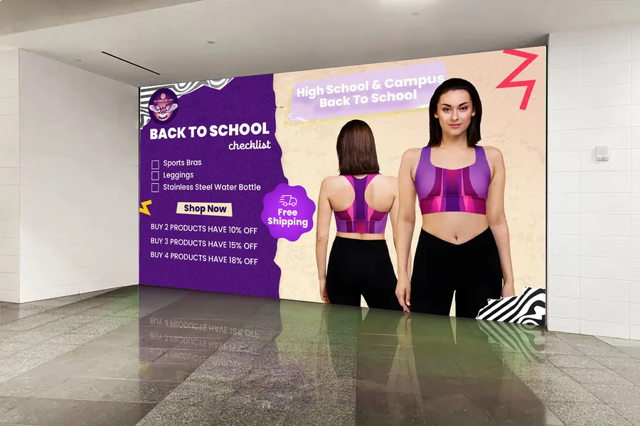 Sport collection campaign poster with a purple and cream collage on a store wall