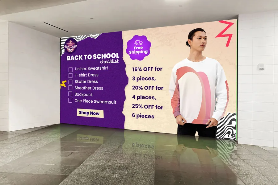 Back to School campaign poster with unisex sweatshirts on a store wall