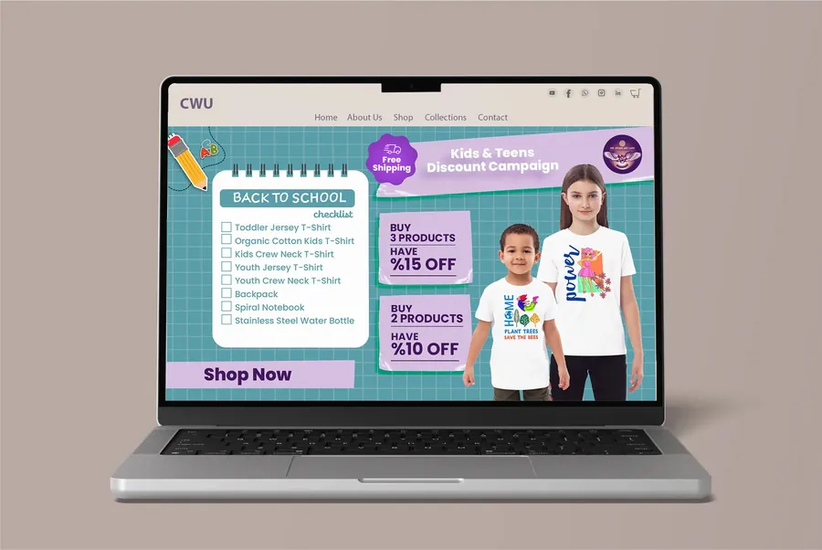 The Kids & Teens campaign hero on the CWU homepage, on a laptop screen