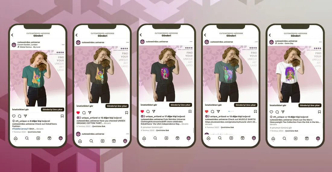 Find your unique art land posts on five phone screens, showing the same model in different character t-shirts