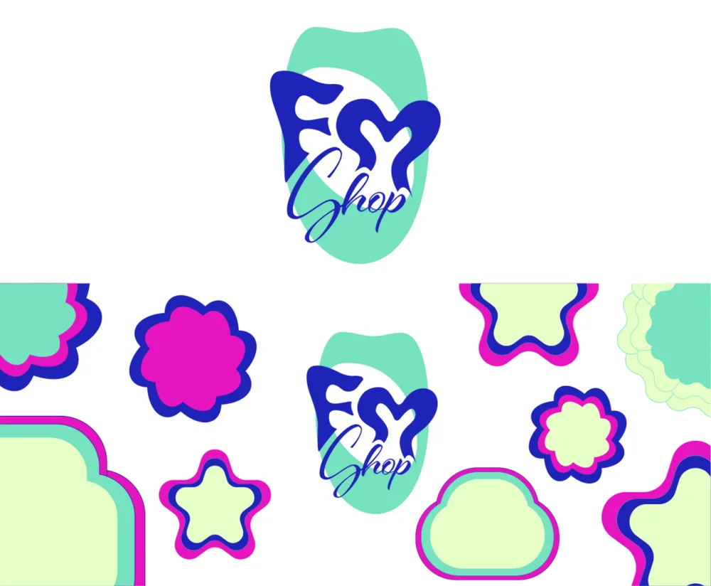 Banner with the FM Shop monogram and organic shapes