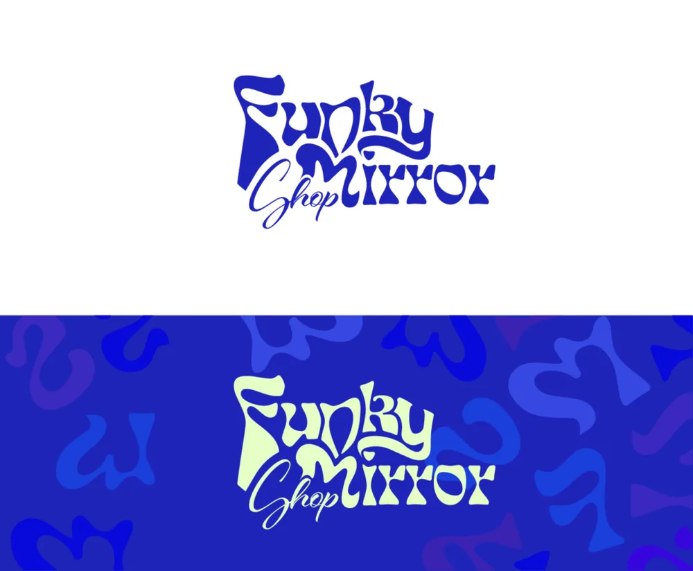 Secondary logo on white and on a blue patterned background