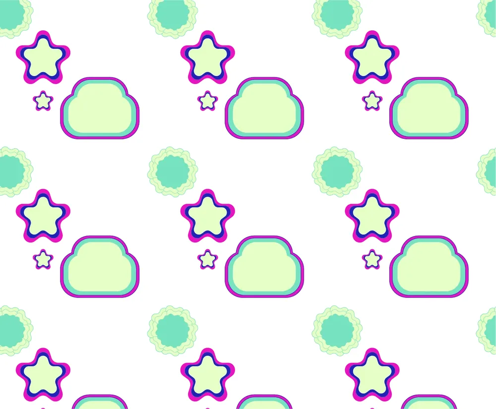 Diagonally repeating pattern of clouds, stars and badges