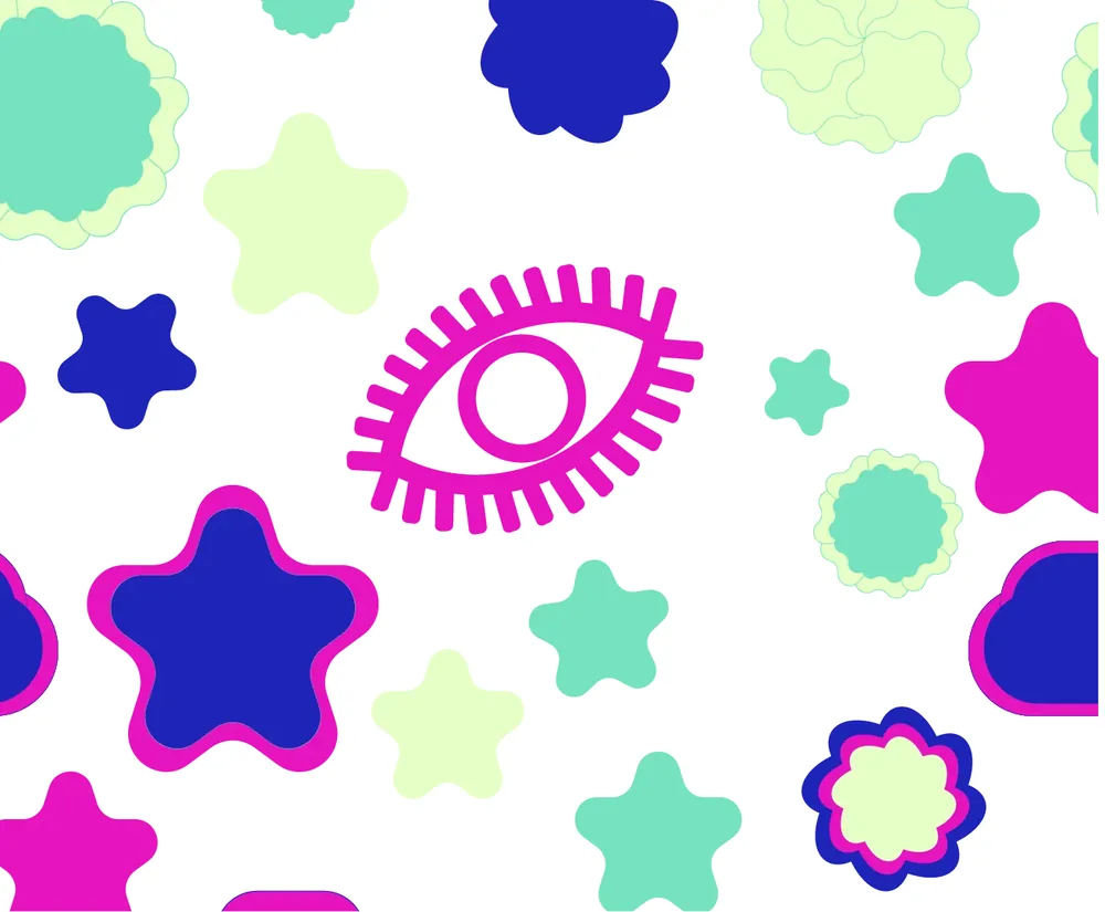 Star and cloud shapes scattered around a pink eye