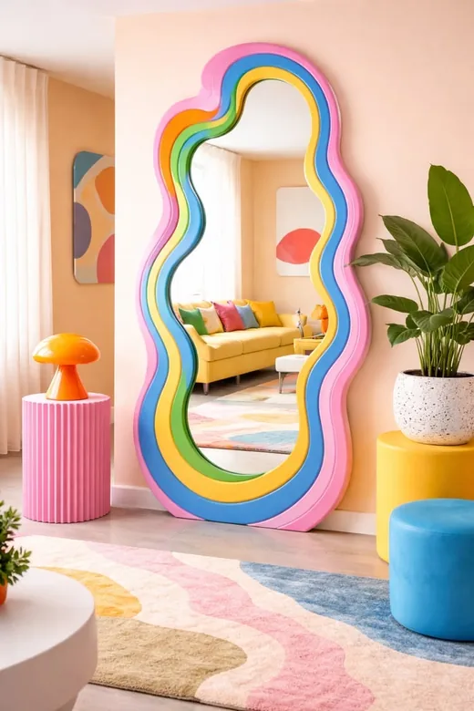 Full-length mirror with a wavy frame in pink, blue, yellow and green layers
