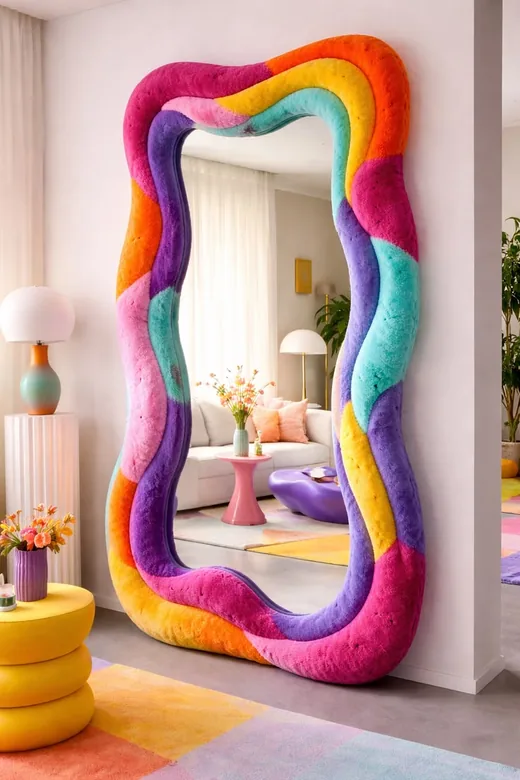 Full-length mirror with a thick plush frame in fuchsia, purple, turquoise and yellow