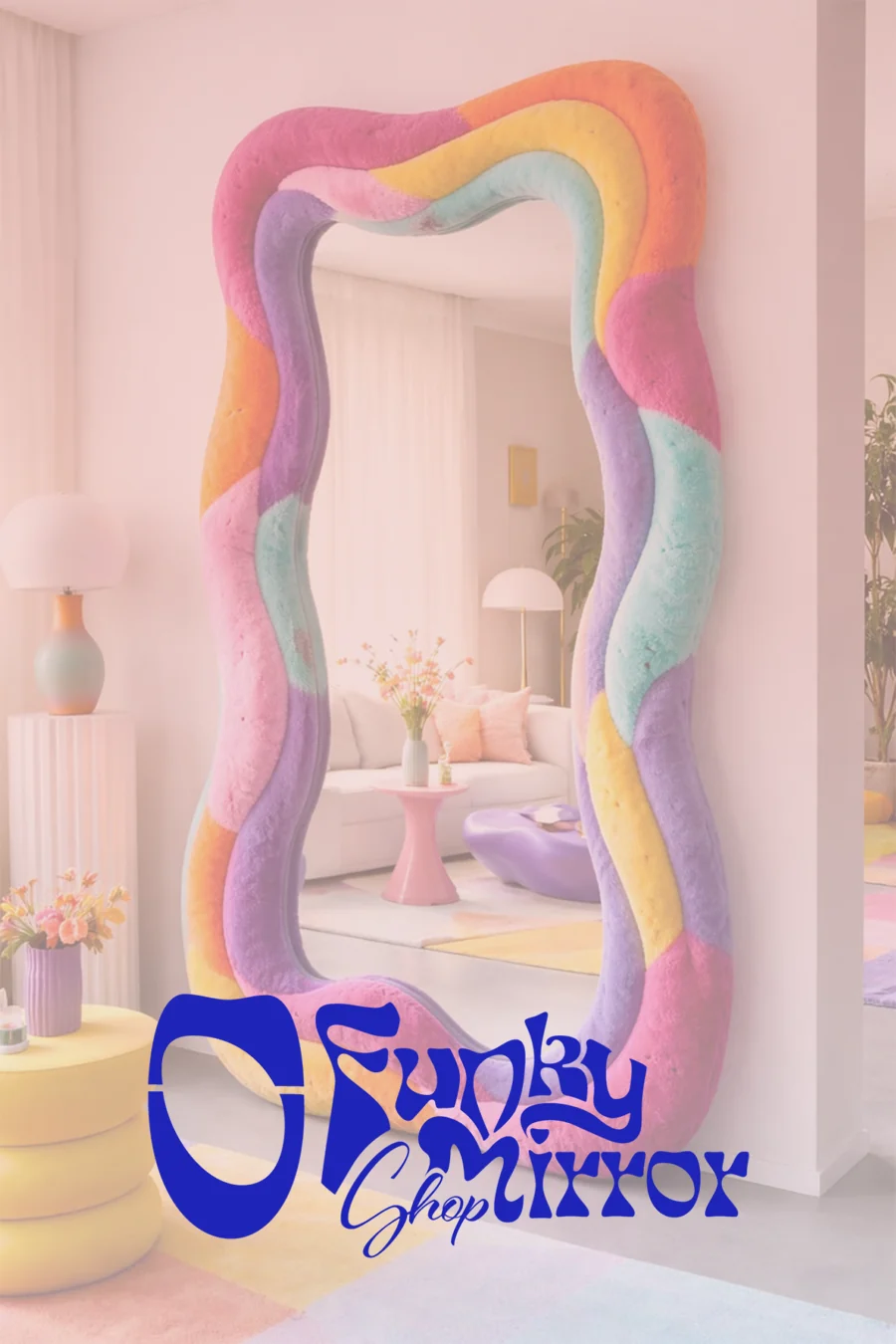 A plush, rainbow-colored wavy floor mirror in a pink-toned room; the blue Funky Mirror Shop logo below