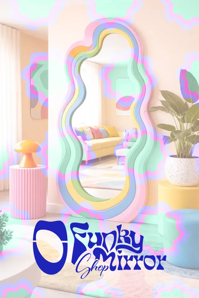 Semi-transparent daisies and the blue Funky Mirror Shop logo over a photo of the rainbow layered floor mirror