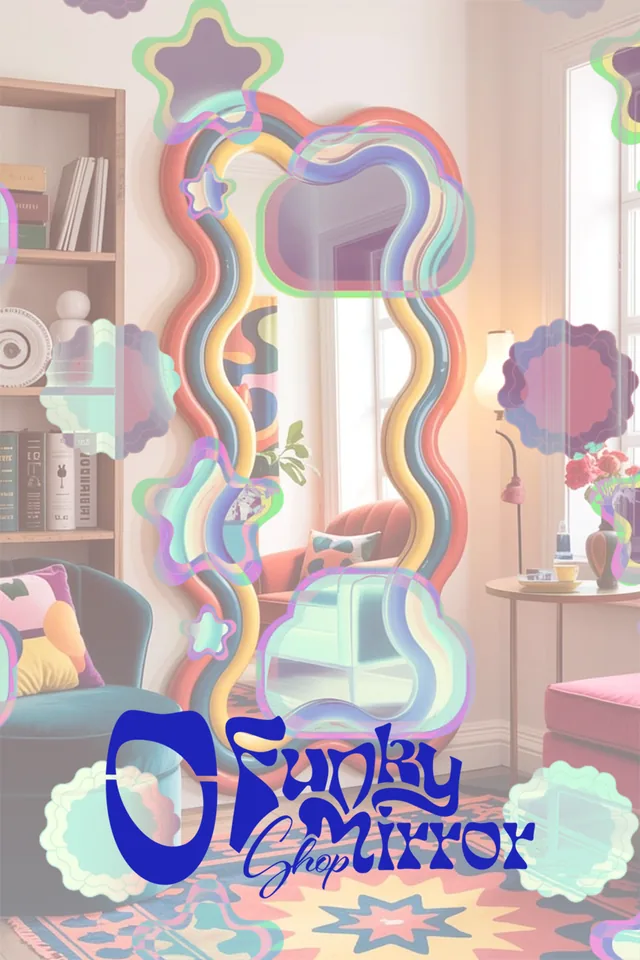 Semi-transparent stars and clouds and the blue Funky Mirror Shop logo over a photo of the retro wave floor mirror