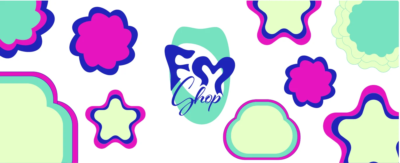 Daisy, star and cloud shapes with layered outlines around the FM Shop monogram