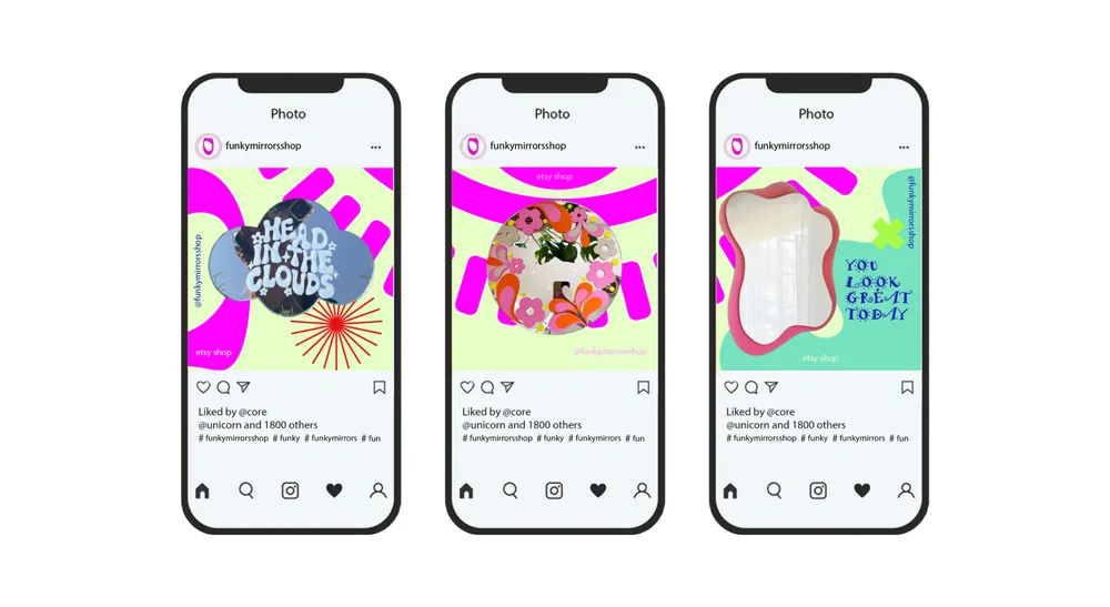 Instagram posts on three phone screens: a cloud mirror, a floral mirror, a wavy pink mirror