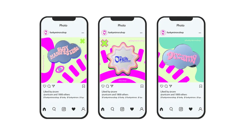 Instagram posts on three phone screens: cloud mirrors and a flower mirror with the logo