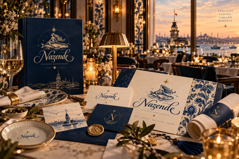 A conceptual brand composition with Nazende’s menu, cards, napkins and porcelain applications