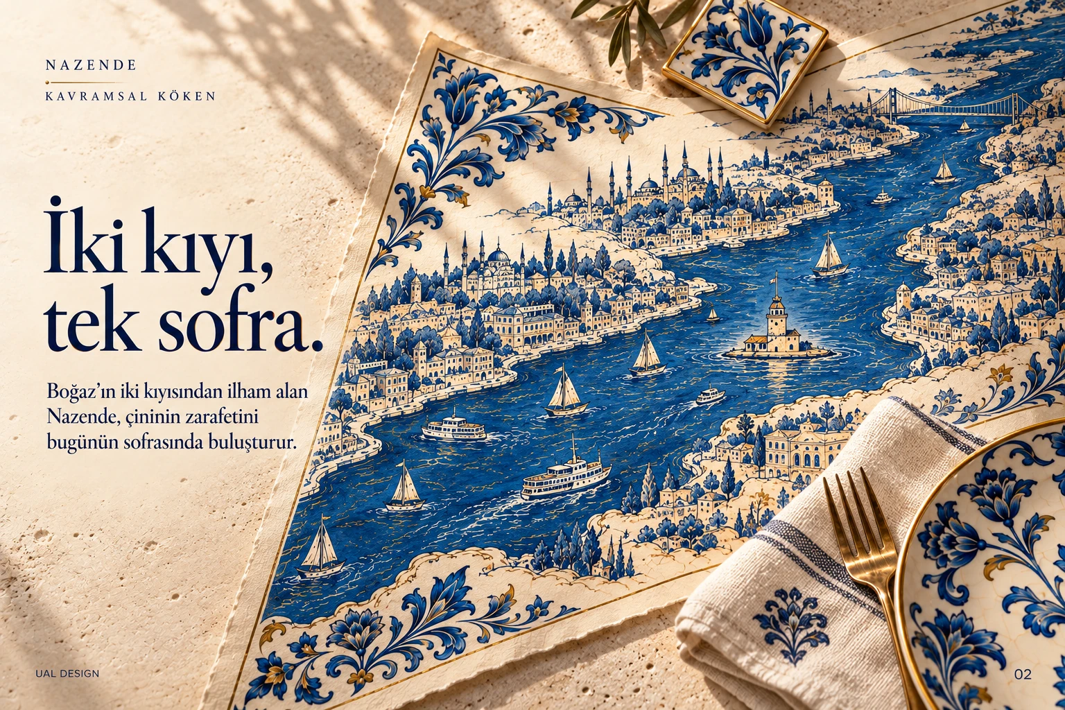An editorial composition combining Nazende’s Bosphorus map, illustrated porcelain and menu details