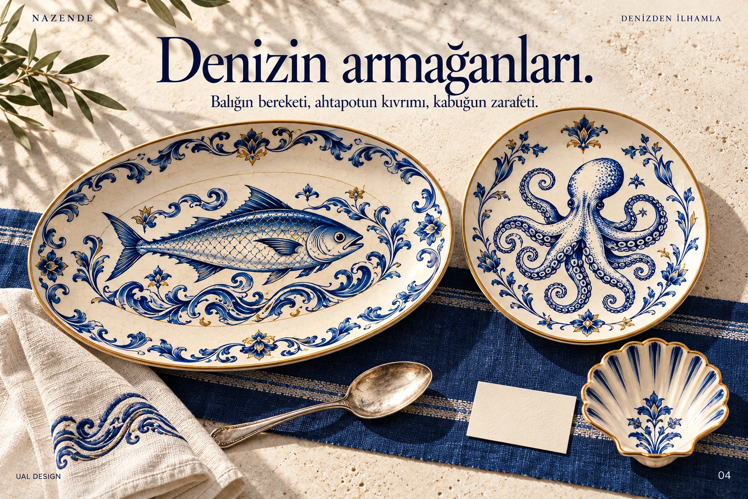 Conceptual Nazende porcelain plates featuring fish and octopus illustrations