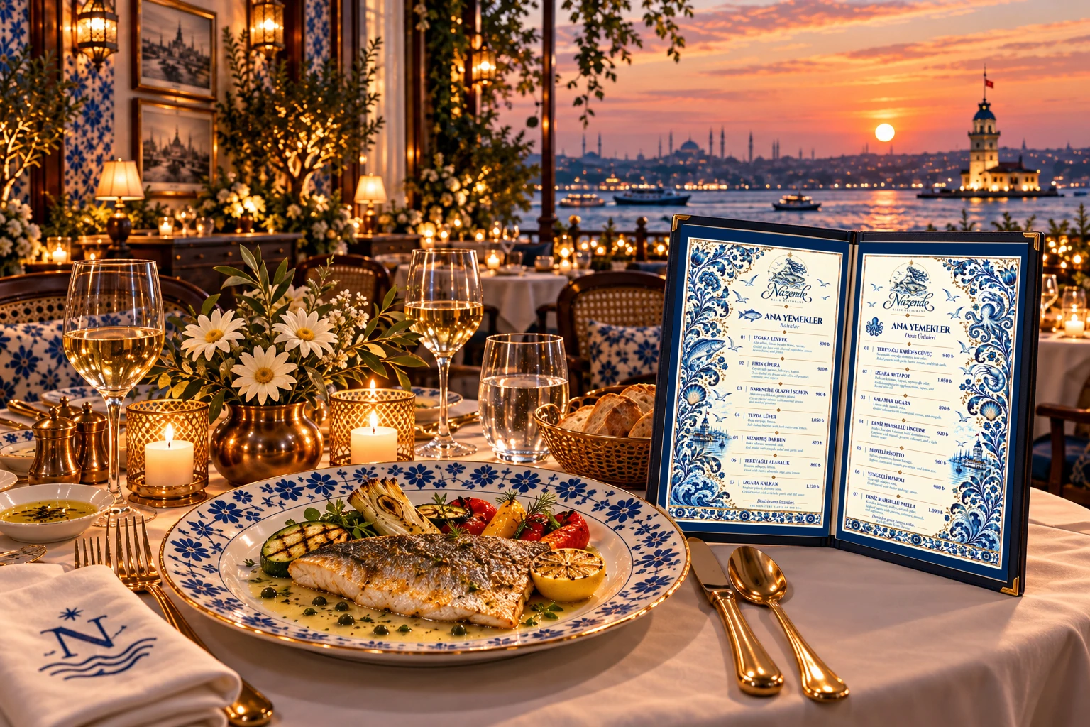 A conceptual table with grilled sea bass, an upright open menu, colourful drinks and a view of the Maiden’s Tower