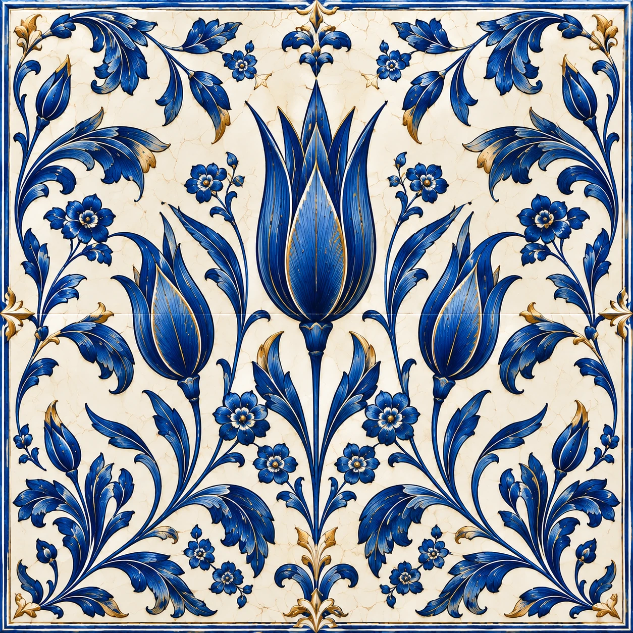 Symmetrical tulip tile illustration in cobalt blue with gold details