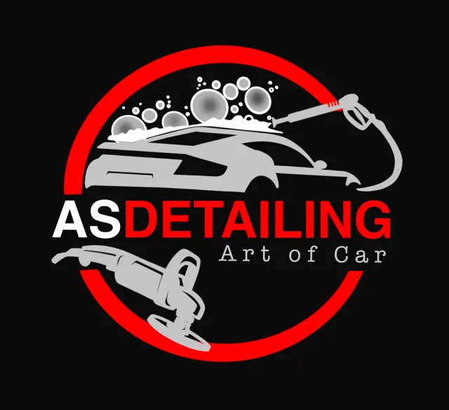 AS Detailing ana logosu: kırmızı çember içinde köpüklü otomobil, yıkama tabancası ve polisaj makinesi; altında ASDETAILING ve Art of Car yazıları