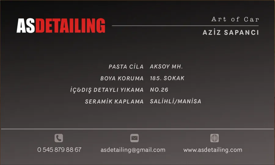 Kartvizitin arka yüzü: ASDETAILING yazısı, isim, hizmetler, adres ve iletişim bilgileri