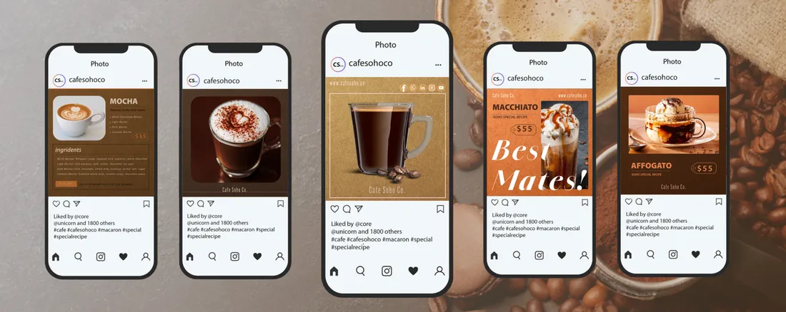 Beş telefon ekranında cafesohoco hesabının gönderileri
