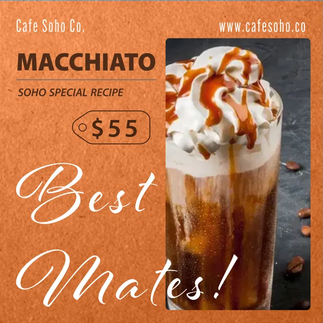 Turuncu kraft zeminde karamelli macchiato, fiyat etiketi ve Best Mates! yazısı
