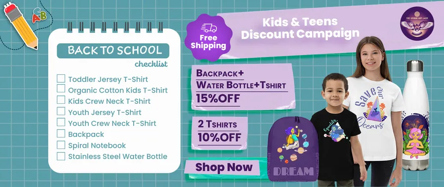 Turkuaz kareli zeminde Back to School kontrol listesi, indirim kartları, çocuklar ve DREAM yazılı sırt çantası