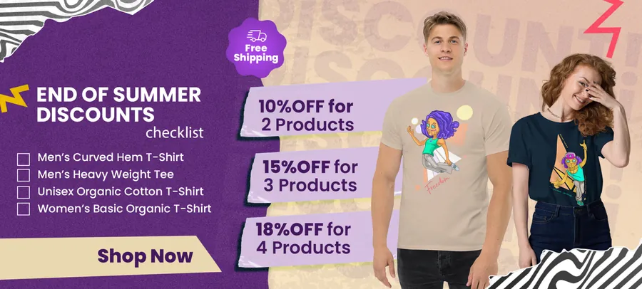 Mor ve krem kolajlı End of Summer Discounts banner'ı; iki model karakter tişörtleriyle