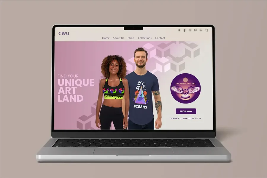 Dizüstü bilgisayar ekranında CWU ana sayfası: Find your unique art land başlığı ve iki model