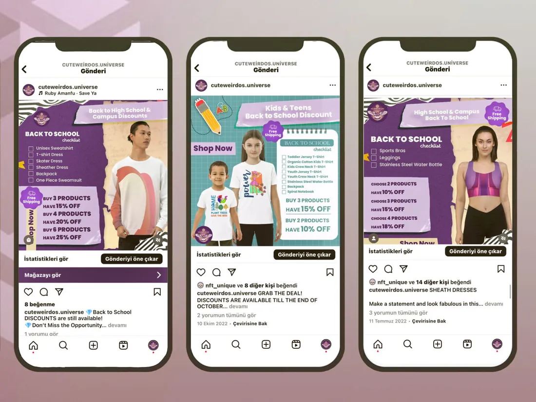 Üç telefon ekranında Back to School kampanya gönderileri