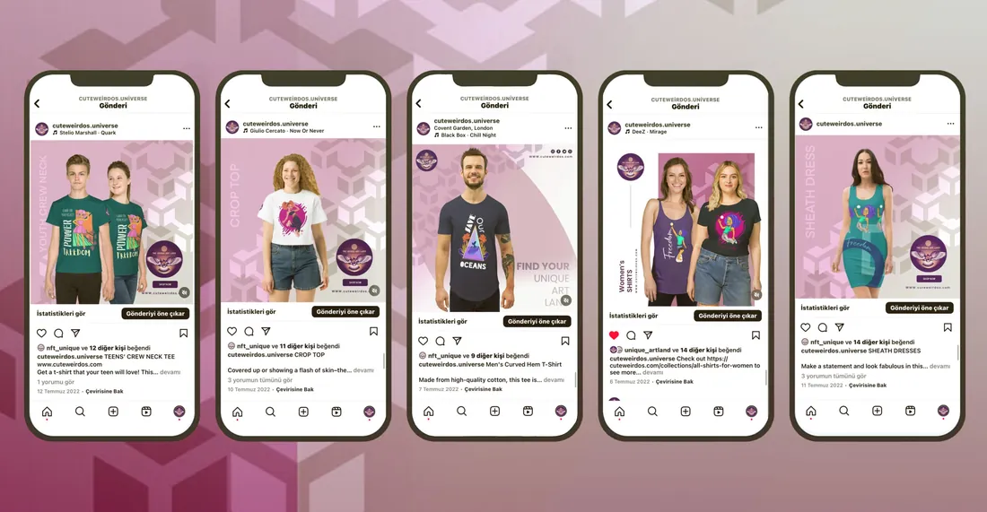 Beş telefon ekranında koleksiyon kartı gönderileri