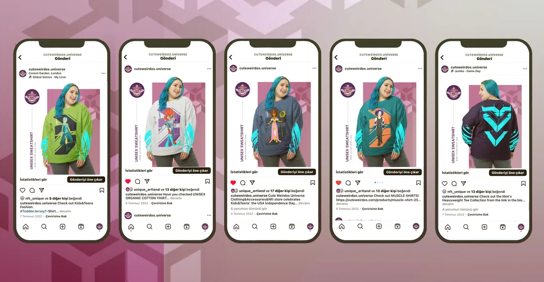 Beş telefon ekranında CWU unisex sweatshirt gönderileri; her sweatshirt'te evrenden farklı bir karakter
