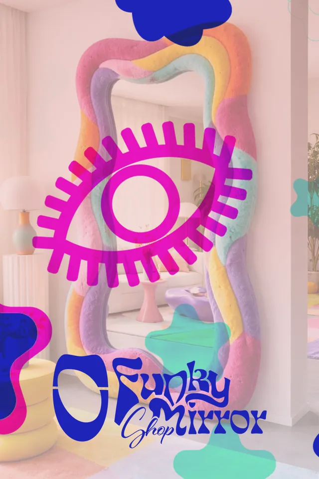 Peluş ayna fotoğrafı üzerinde pembe göz, mavi ve nane şekiller ve Funky Mirror Shop logosu