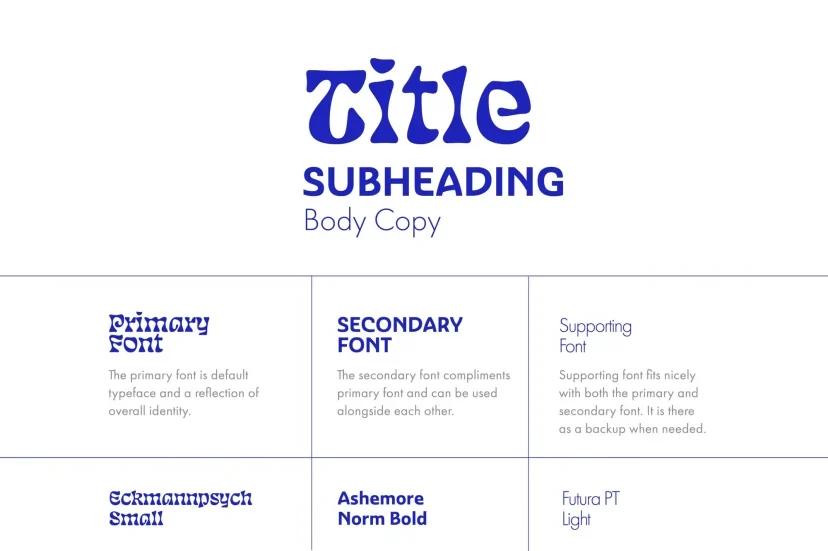 Tipografi sayfası: Eckmannpsych Small ile Title, Ashemore Norm Bold ile SUBHEADING, Futura PT Light ile Body Copy
