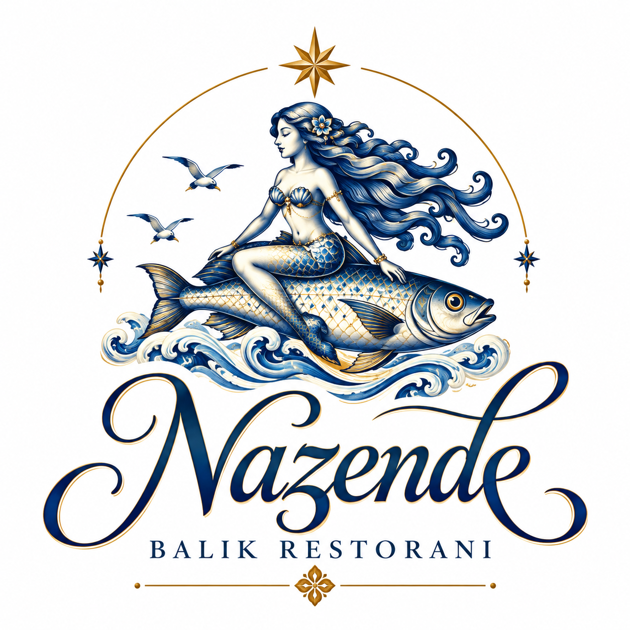 Nazende yazısı, Balık Restoranı ibaresi ve denizkızı ile balık ambleminden oluşan özgün ana logo