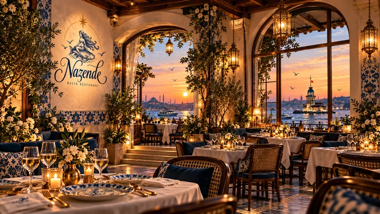 Nazende duvar logosu ve Kız Kulesi manzarasıyla sıcak akşam restoran salonu